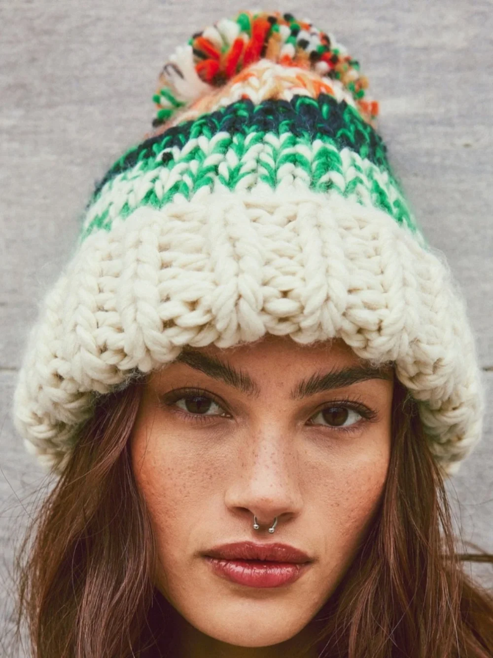 NEW Free People Tide Stripe Knit Pom Beanie Ivory